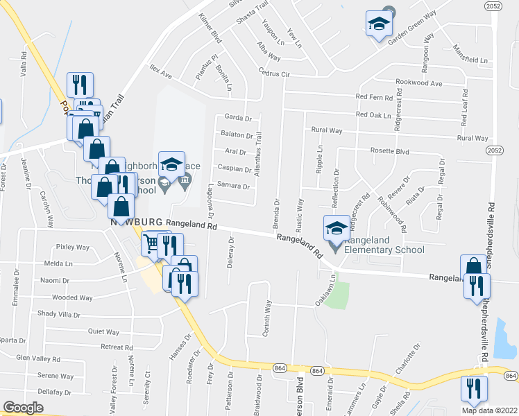 map of restaurants, bars, coffee shops, grocery stores, and more near 5623 Ailanthus Trail in Louisville