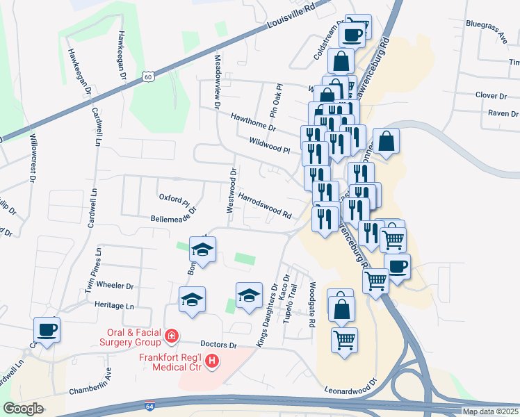 map of restaurants, bars, coffee shops, grocery stores, and more near 418 Harrodswood Road in Frankfort