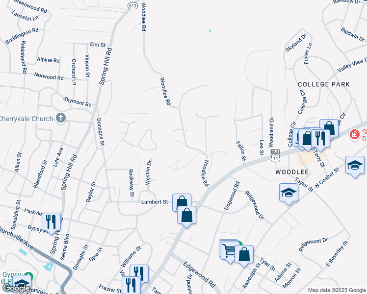 map of restaurants, bars, coffee shops, grocery stores, and more near 50 Woodlee Road in Staunton