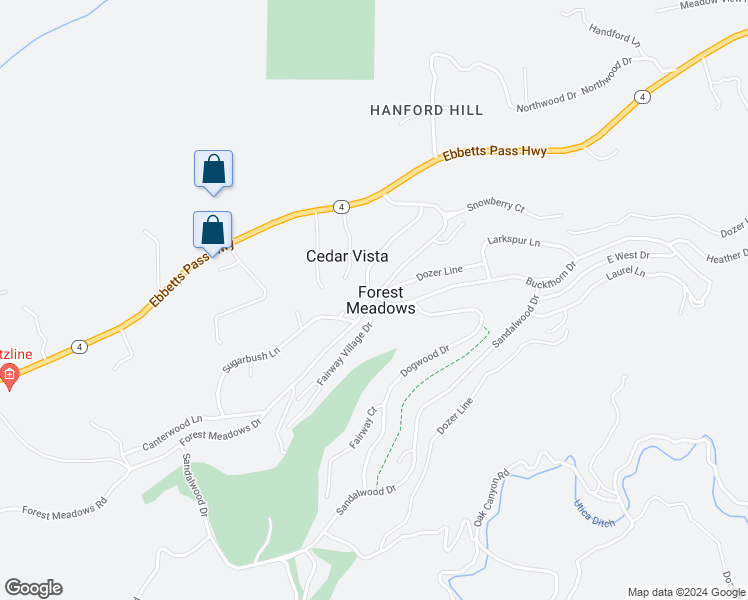 map of restaurants, bars, coffee shops, grocery stores, and more near 363 Forest Meadows Drive in Murphys
