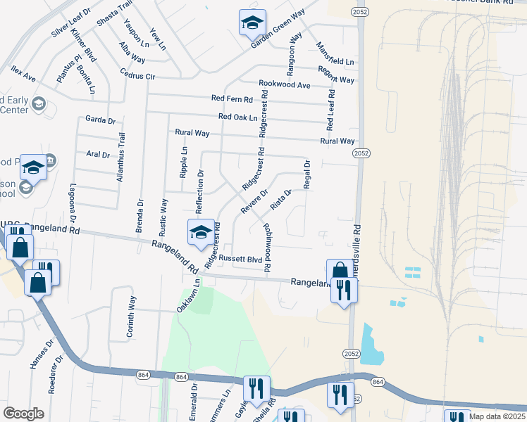 map of restaurants, bars, coffee shops, grocery stores, and more near 5514 Riata Drive in Louisville