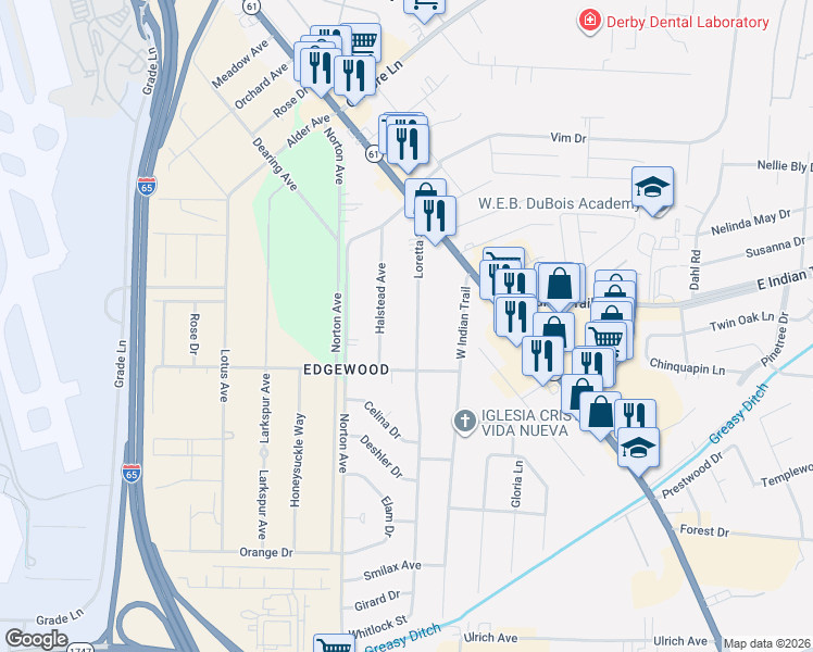 map of restaurants, bars, coffee shops, grocery stores, and more near 1123 Loretta Street in Louisville