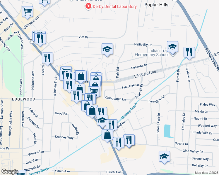 map of restaurants, bars, coffee shops, grocery stores, and more near 5602 Butternut Road in Louisville