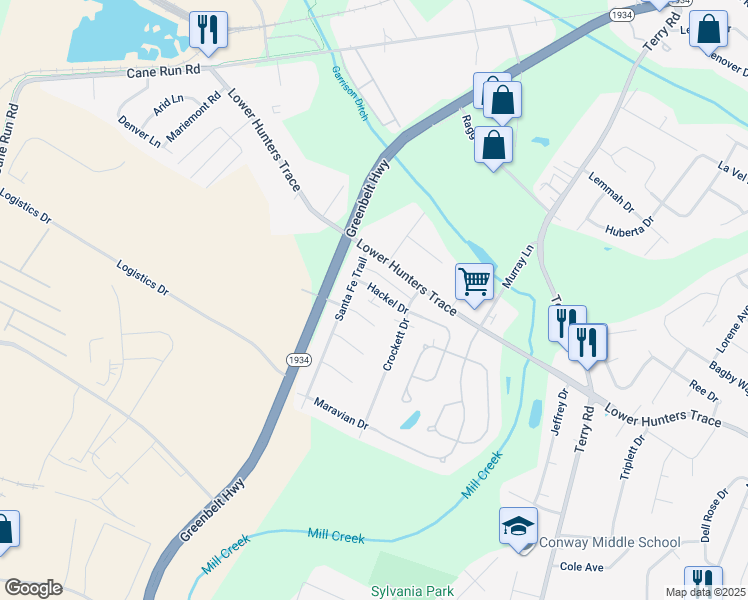 map of restaurants, bars, coffee shops, grocery stores, and more near 6505 Glo Jean Way in Louisville