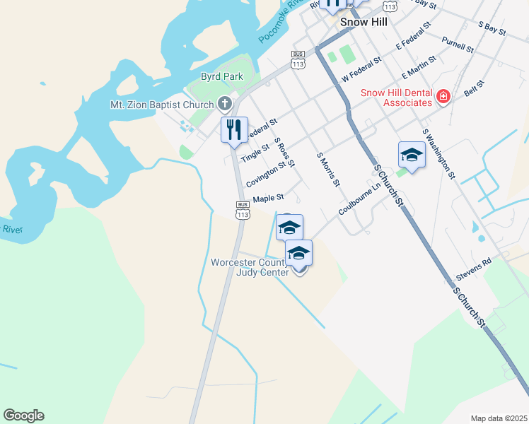 map of restaurants, bars, coffee shops, grocery stores, and more near 522 Coulbourne Lane in Snow Hill
