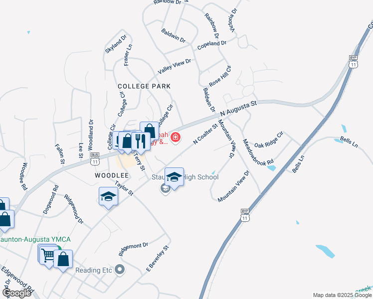 map of restaurants, bars, coffee shops, grocery stores, and more near 1101 North Coalter Street in Staunton