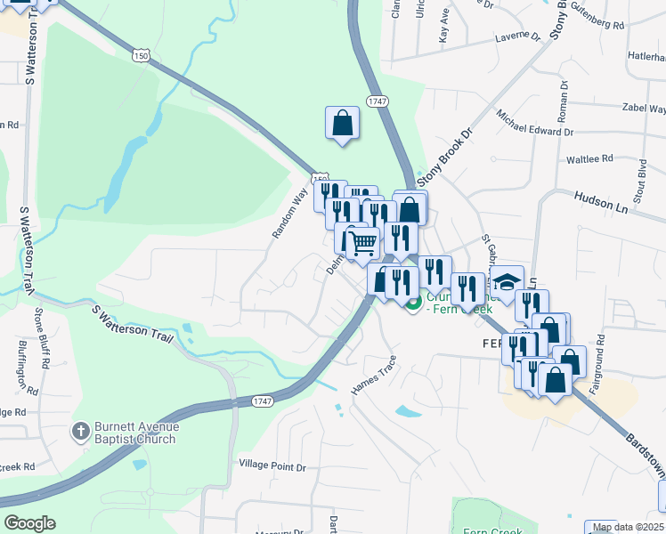 map of restaurants, bars, coffee shops, grocery stores, and more near 4998 Hames Trace in Louisville