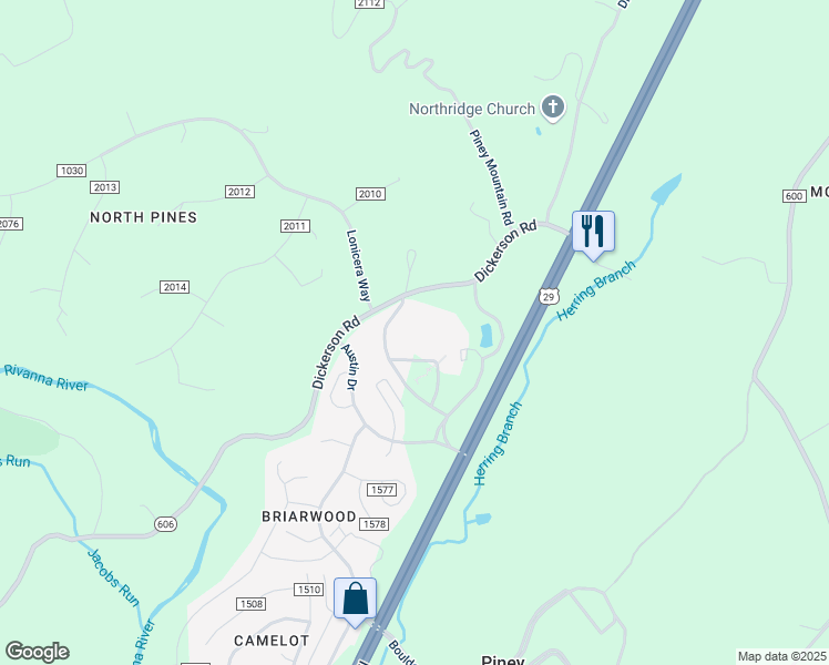 map of restaurants, bars, coffee shops, grocery stores, and more near 2500 Austin Drive in Charlottesville