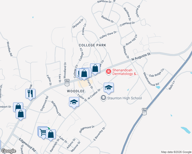 map of restaurants, bars, coffee shops, grocery stores, and more near 1410 North Coalter Street in Staunton