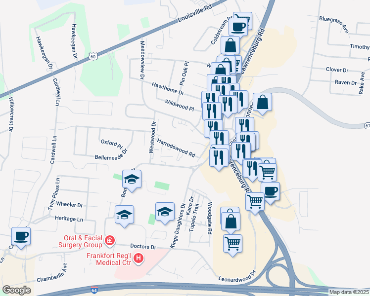 map of restaurants, bars, coffee shops, grocery stores, and more near 430 Harrodswood Road in Frankfort