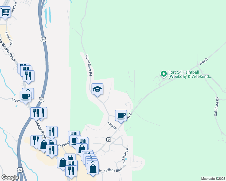 map of restaurants, bars, coffee shops, grocery stores, and more near 2-32 Winding Woods Road in Lake Ozark