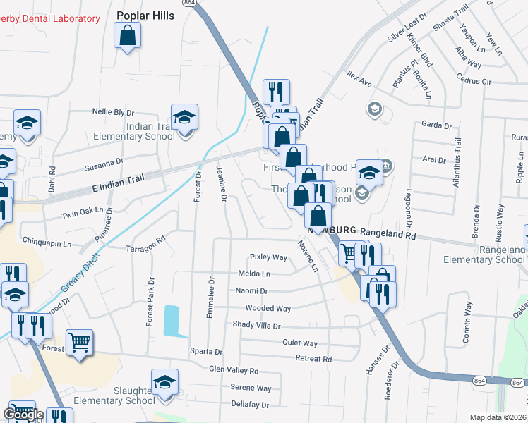 map of restaurants, bars, coffee shops, grocery stores, and more near 5670 Indian Oaks Circle in Louisville
