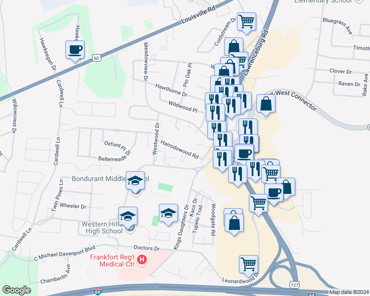 map of restaurants, bars, coffee shops, grocery stores, and more near 430 Harrodswood Road in Frankfort