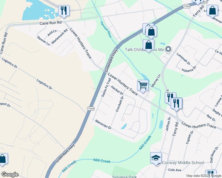 map of restaurants, bars, coffee shops, grocery stores, and more near 6505 Glo Jean Way in Louisville