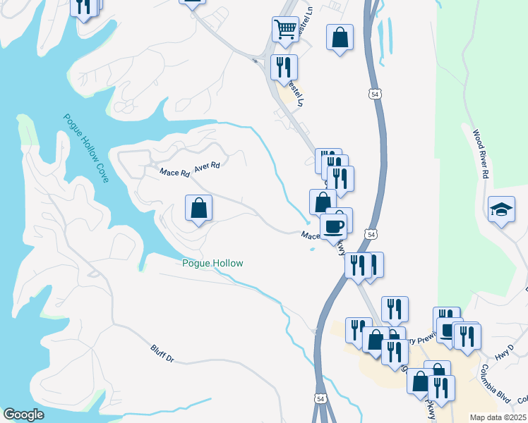 map of restaurants, bars, coffee shops, grocery stores, and more near 1095 Mace Road in Osage Beach