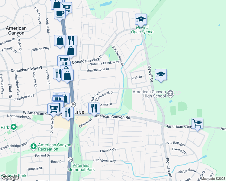 map of restaurants, bars, coffee shops, grocery stores, and more near 18 Karly Court in American Canyon