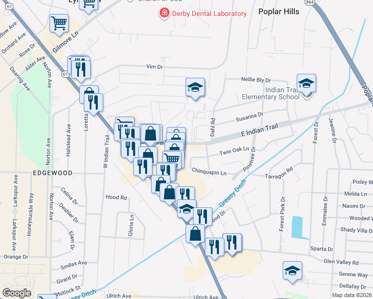 map of restaurants, bars, coffee shops, grocery stores, and more near 3200 East Indian Trail in Louisville