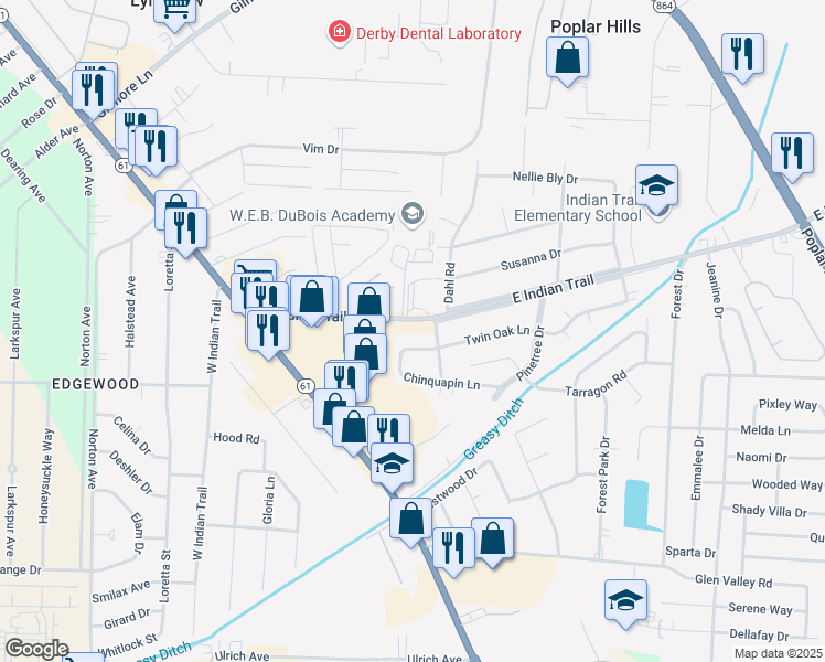 map of restaurants, bars, coffee shops, grocery stores, and more near 3208 East Indian Trail in Louisville
