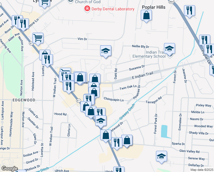 map of restaurants, bars, coffee shops, grocery stores, and more near 3315 East Indian Trail in Louisville