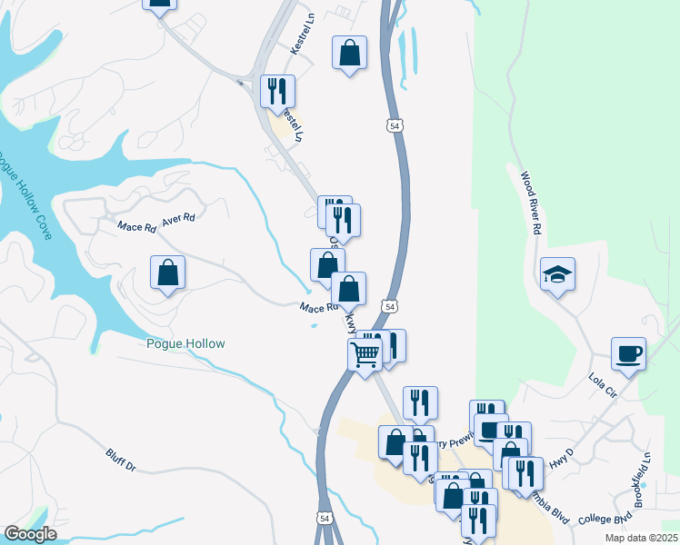 map of restaurants, bars, coffee shops, grocery stores, and more near 3600 Osage Beach Parkway in Osage Beach