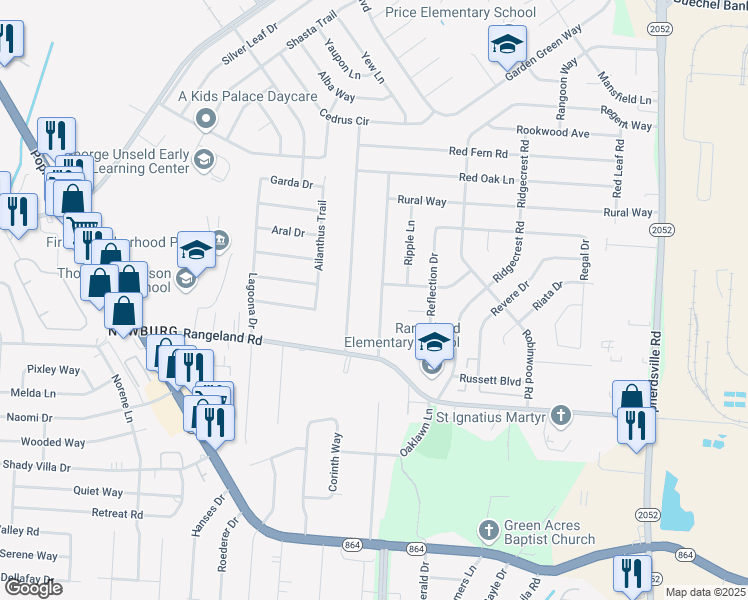 map of restaurants, bars, coffee shops, grocery stores, and more near 5606 Rustic Way in Louisville