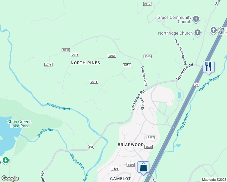 map of restaurants, bars, coffee shops, grocery stores, and more near 2191 County Road 2011 in Charlottesville