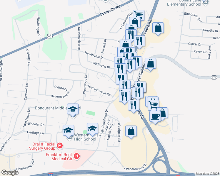map of restaurants, bars, coffee shops, grocery stores, and more near 262 Meadowview Drive in Frankfort