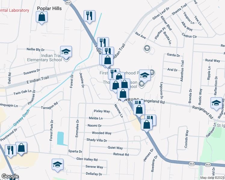 map of restaurants, bars, coffee shops, grocery stores, and more near 5560 Indian Oaks Circle in Louisville