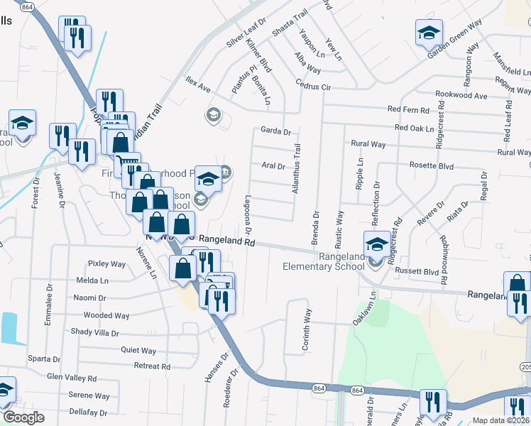 map of restaurants, bars, coffee shops, grocery stores, and more near 4600 Samara Drive in Louisville