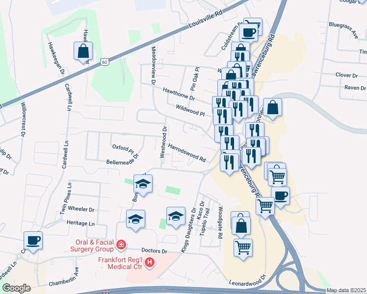 map of restaurants, bars, coffee shops, grocery stores, and more near 409 Harrodswood Road in Frankfort