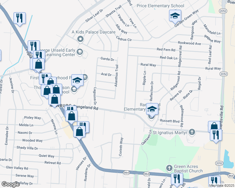map of restaurants, bars, coffee shops, grocery stores, and more near 5615 Ailanthus Trail in Louisville