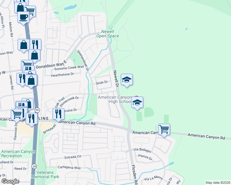 map of restaurants, bars, coffee shops, grocery stores, and more near 66 Oakstone Way in American Canyon