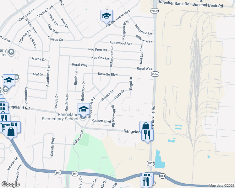 map of restaurants, bars, coffee shops, grocery stores, and more near 5501 Revere Drive in Louisville