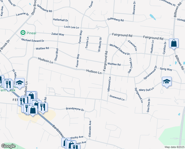 map of restaurants, bars, coffee shops, grocery stores, and more near 9203 Hudson Lane in Louisville