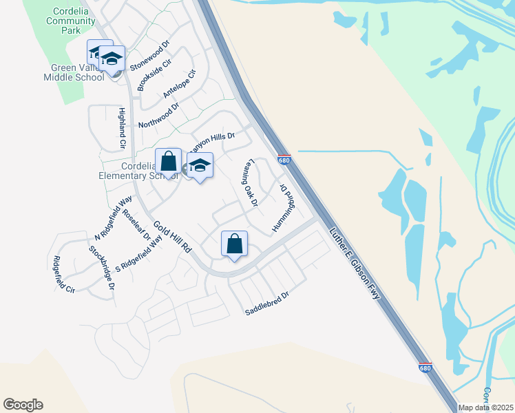 map of restaurants, bars, coffee shops, grocery stores, and more near Leaning Oak Dr & Leaning Oak Ct in Fairfield