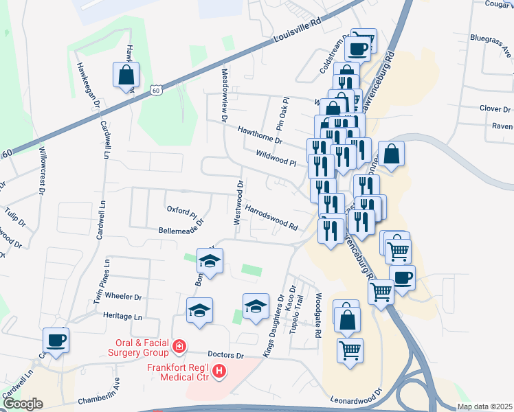 map of restaurants, bars, coffee shops, grocery stores, and more near 409 Harrodswood Road in Frankfort
