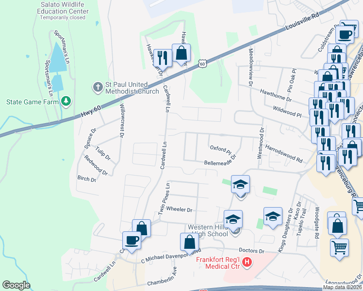 map of restaurants, bars, coffee shops, grocery stores, and more near 105 Cave Run Drive in Frankfort