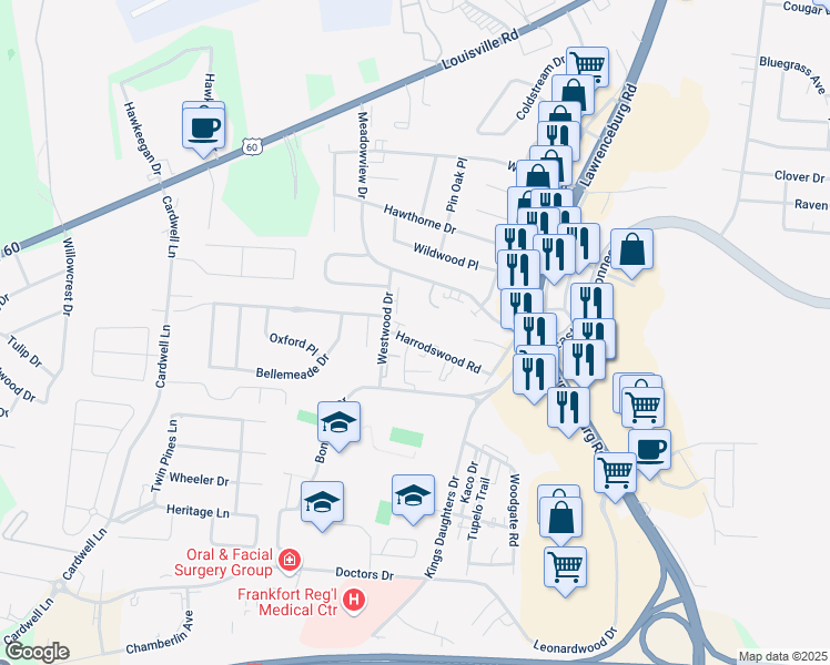 map of restaurants, bars, coffee shops, grocery stores, and more near 409 Harrodswood Road in Frankfort