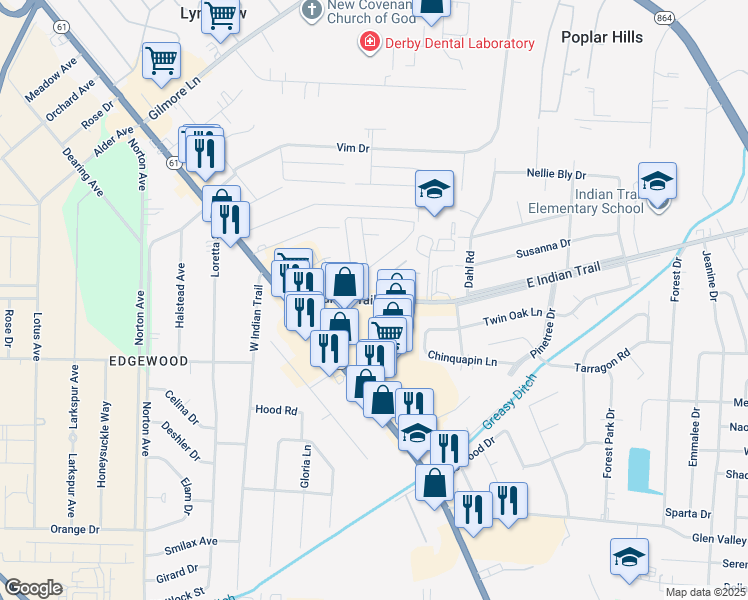 map of restaurants, bars, coffee shops, grocery stores, and more near 3307 East Indian Trail in Louisville