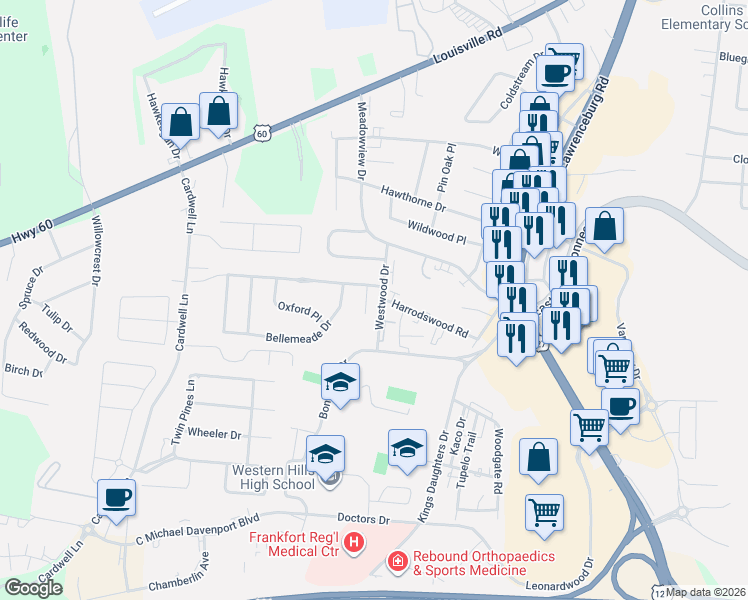map of restaurants, bars, coffee shops, grocery stores, and more near 3 Richardson Court in Frankfort