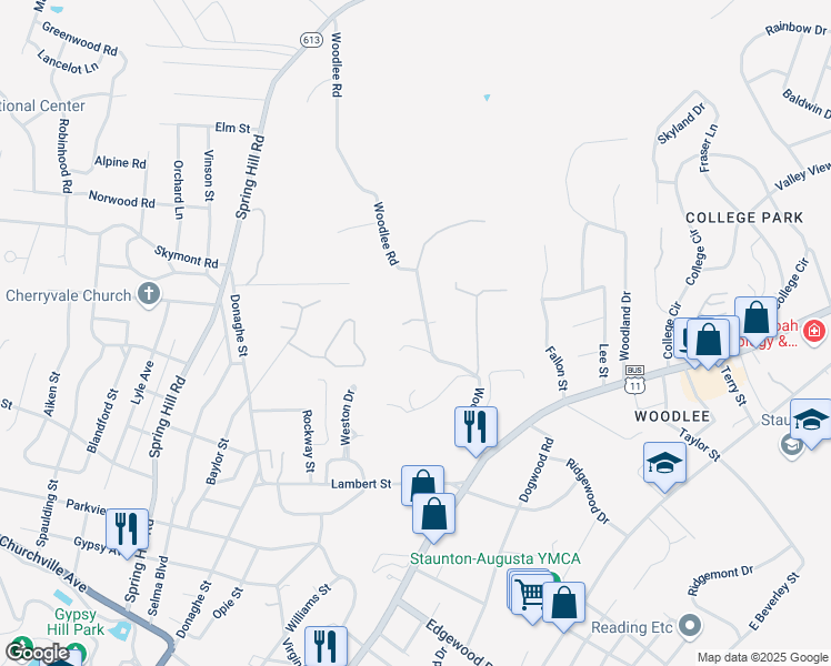 map of restaurants, bars, coffee shops, grocery stores, and more near 62 Woodlee Road in Staunton
