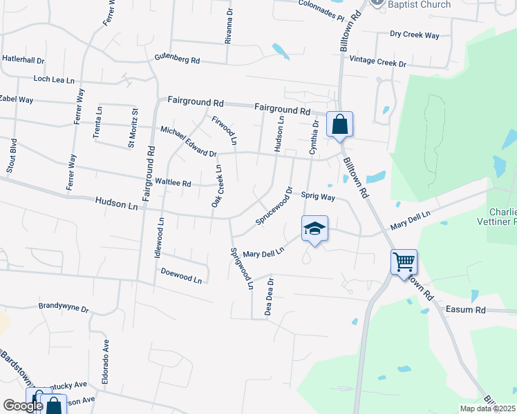 map of restaurants, bars, coffee shops, grocery stores, and more near 9422 Hudson Lane in Louisville