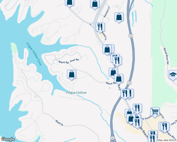 map of restaurants, bars, coffee shops, grocery stores, and more near Timberidge Dr in Osage Beach