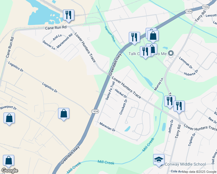 map of restaurants, bars, coffee shops, grocery stores, and more near 5712 Santa Fe Trail in Louisville