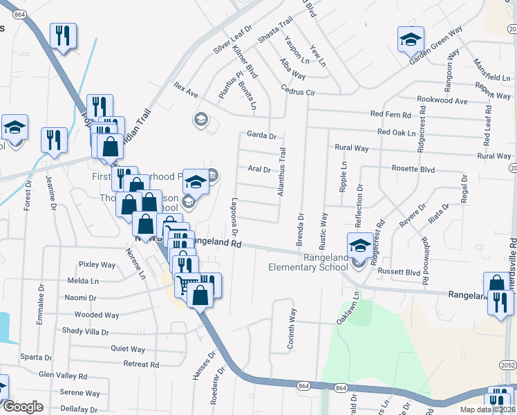 map of restaurants, bars, coffee shops, grocery stores, and more near 4600 Samara Drive in Louisville