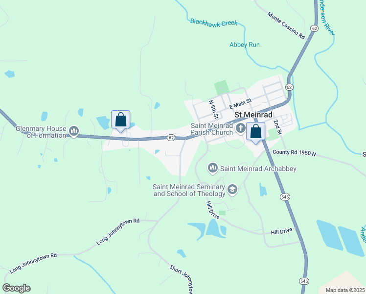 map of restaurants, bars, coffee shops, grocery stores, and more near North County Road 1250 East in Saint Meinrad