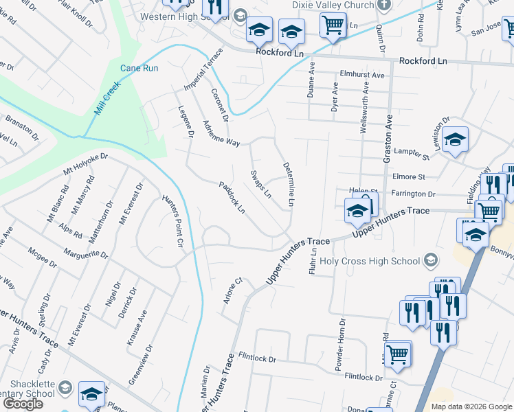 map of restaurants, bars, coffee shops, grocery stores, and more near 2430 Weber Lane in Louisville