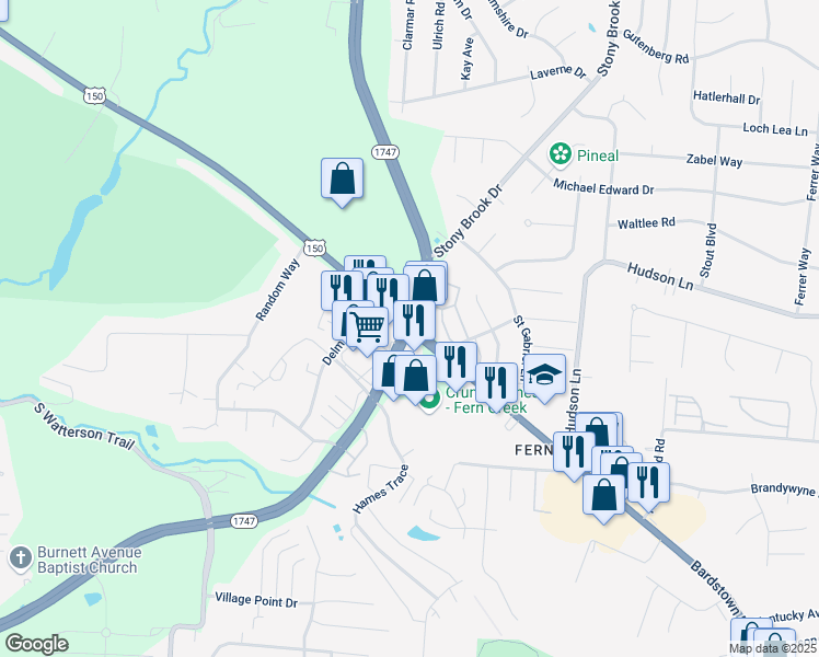 map of restaurants, bars, coffee shops, grocery stores, and more near Bardstown Rd & S Hurstbourne Pkwy in Louisville