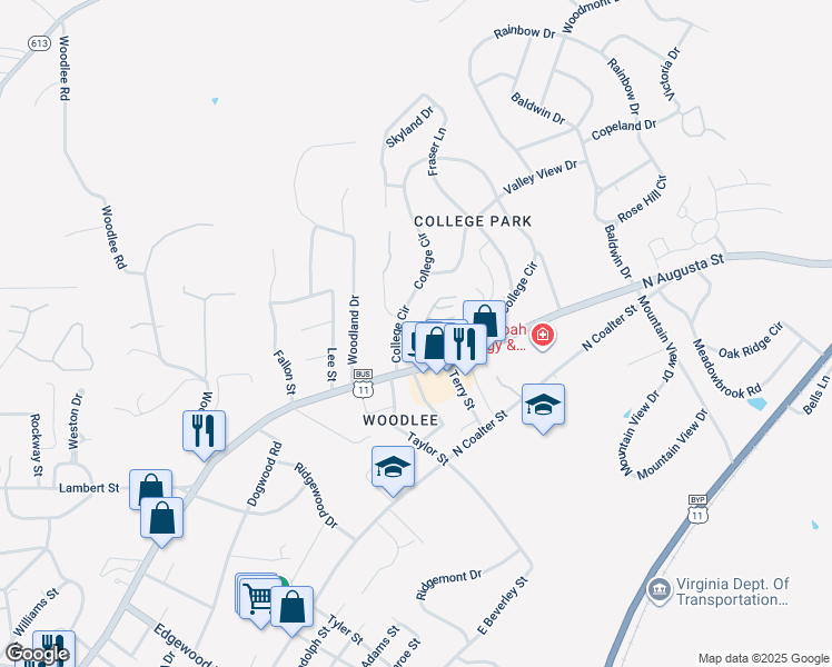 map of restaurants, bars, coffee shops, grocery stores, and more near 2 Shannon Place in Staunton