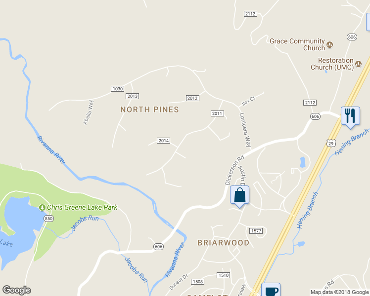 map of restaurants, bars, coffee shops, grocery stores, and more near 2171 Wisteria Drive in Charlottesville